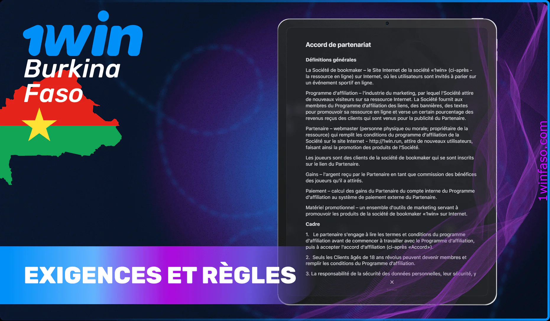 Règles et exigences pour les membres du programme d'affiliation 1win.