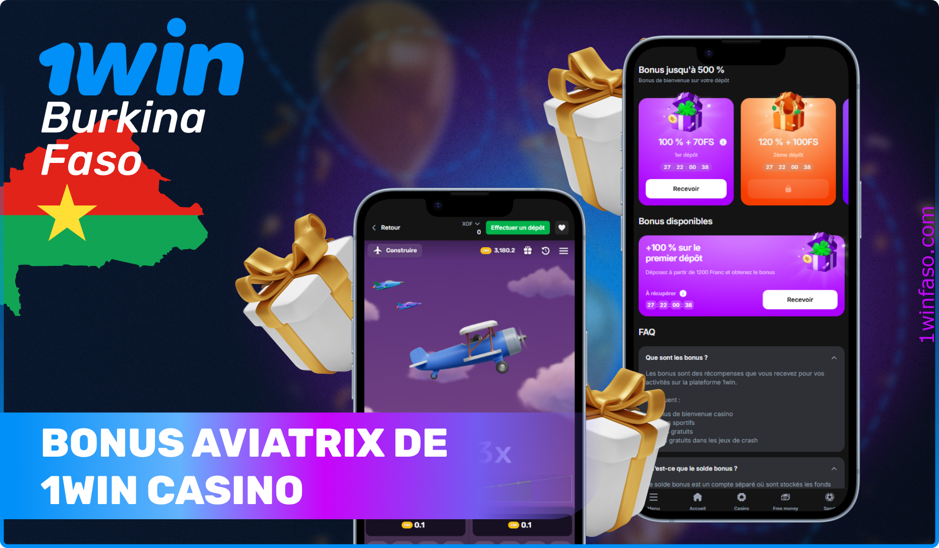 1win Aviatrix propose aux joueurs du Burkina Faso plusieurs types de bonus et de promotions attractifs