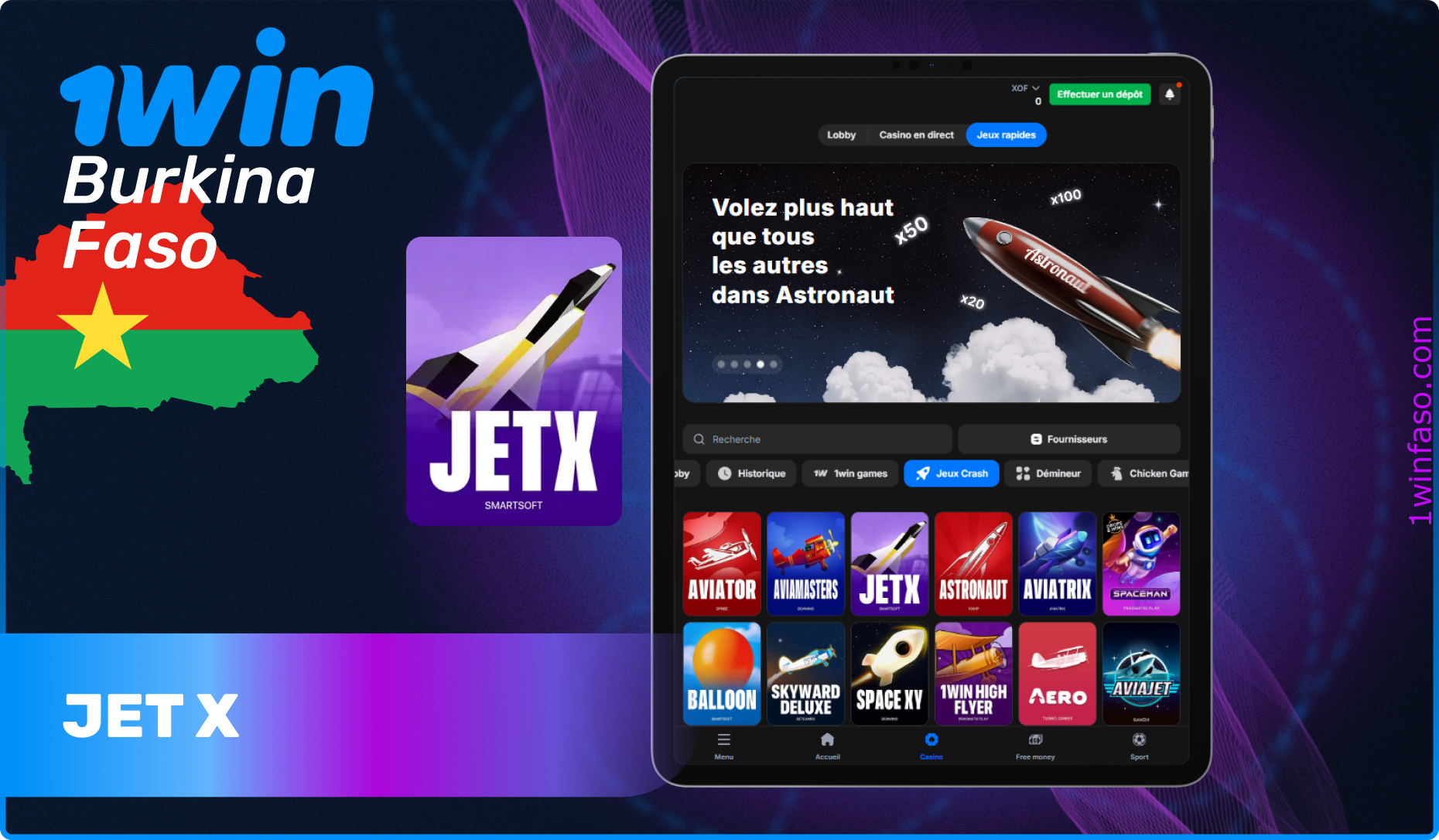 Jeu en ligne Jet X au casino 1win au Burkina Faso