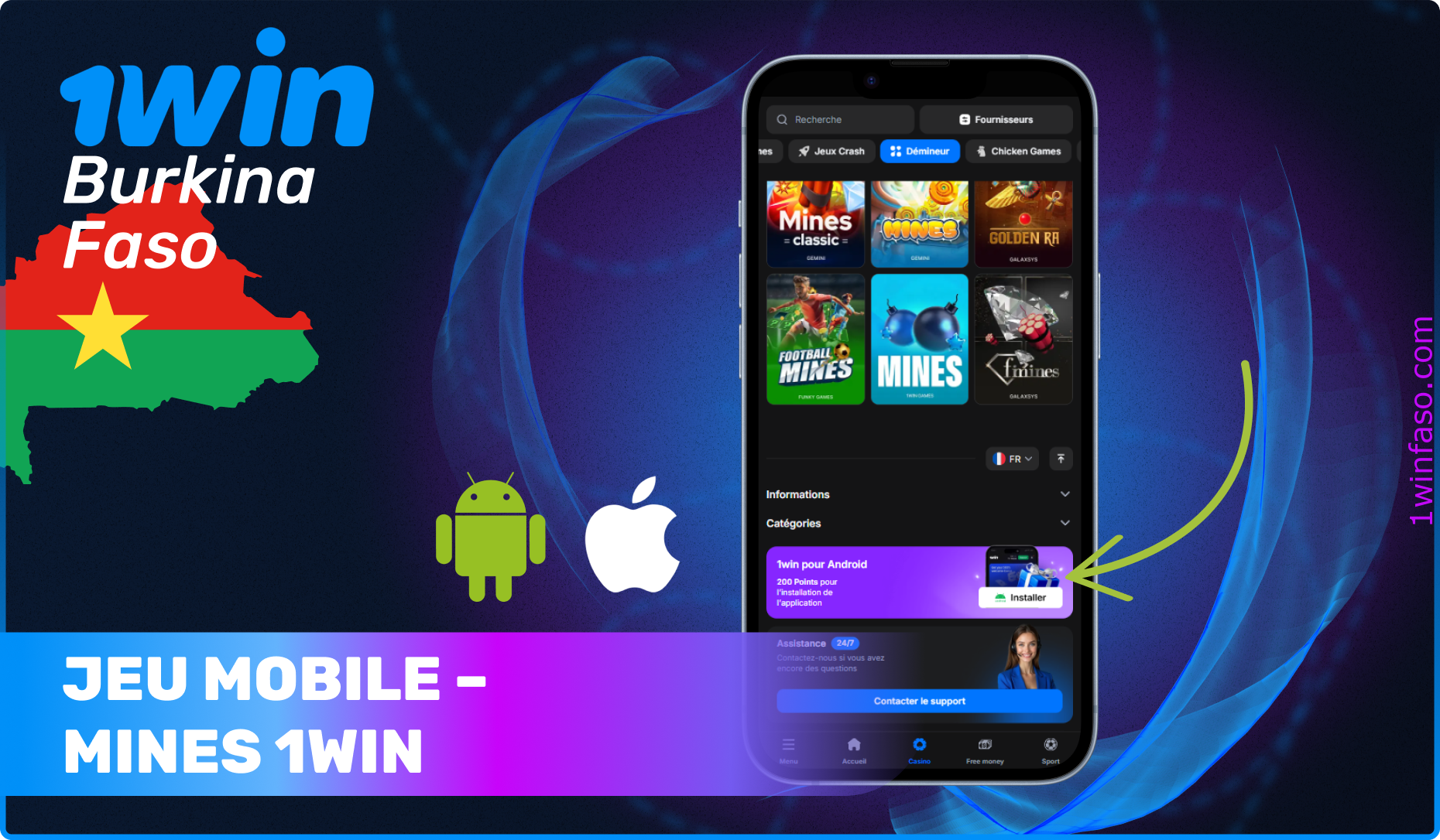 Pour jouer aux mines sur votre smartphone, il vous suffit de télécharger l'application 1win