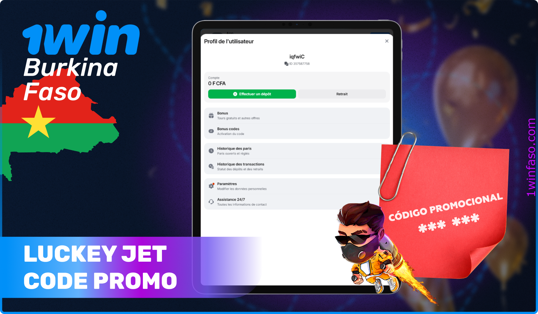 Luckey Jet 1win Code promo pour les joueurs du Burkina Faso