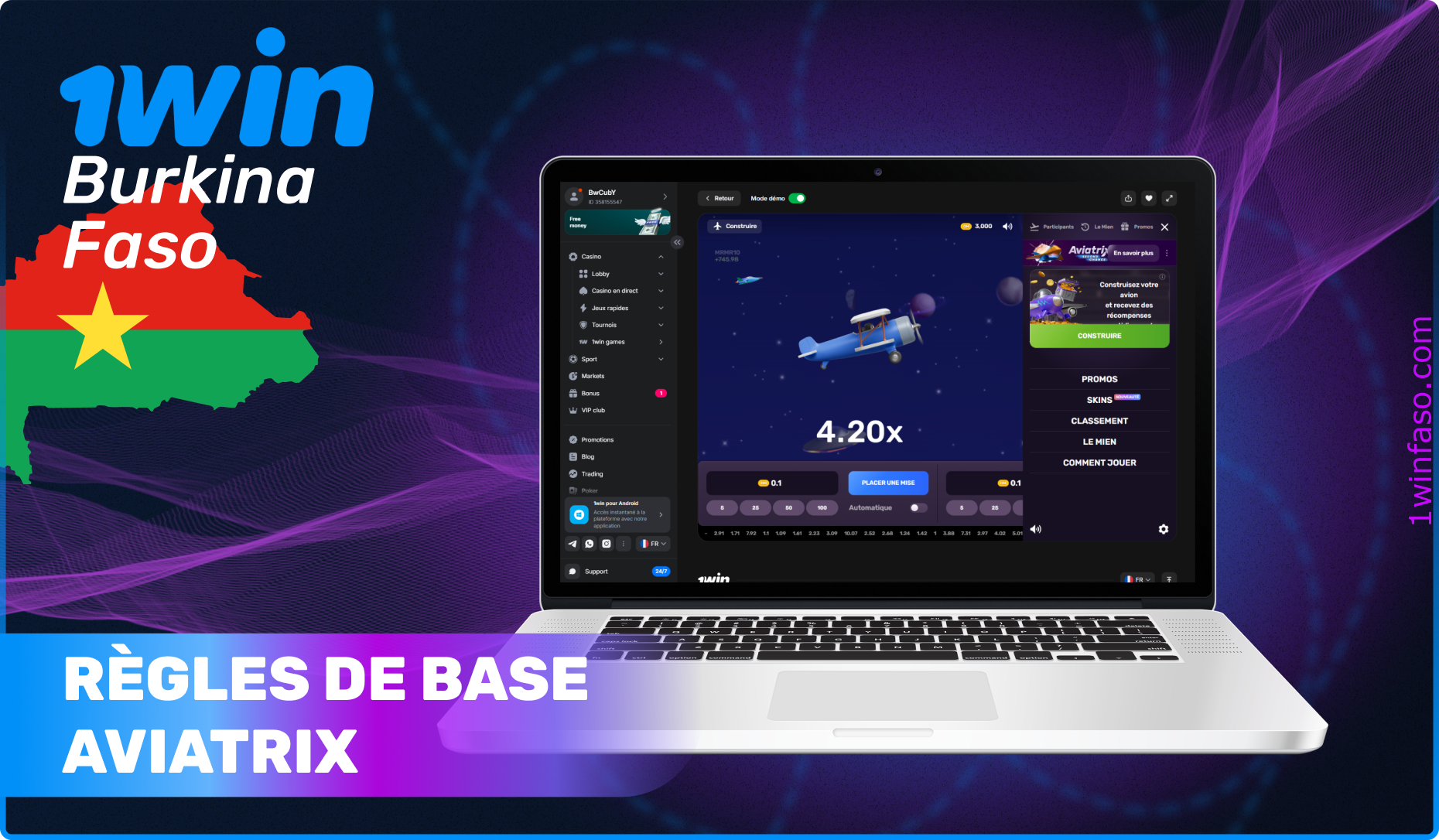 1win Aviatrix est un jeu aux règles simples et aux gains faciles qui attire un grand nombre de joueurs du Burkina Faso